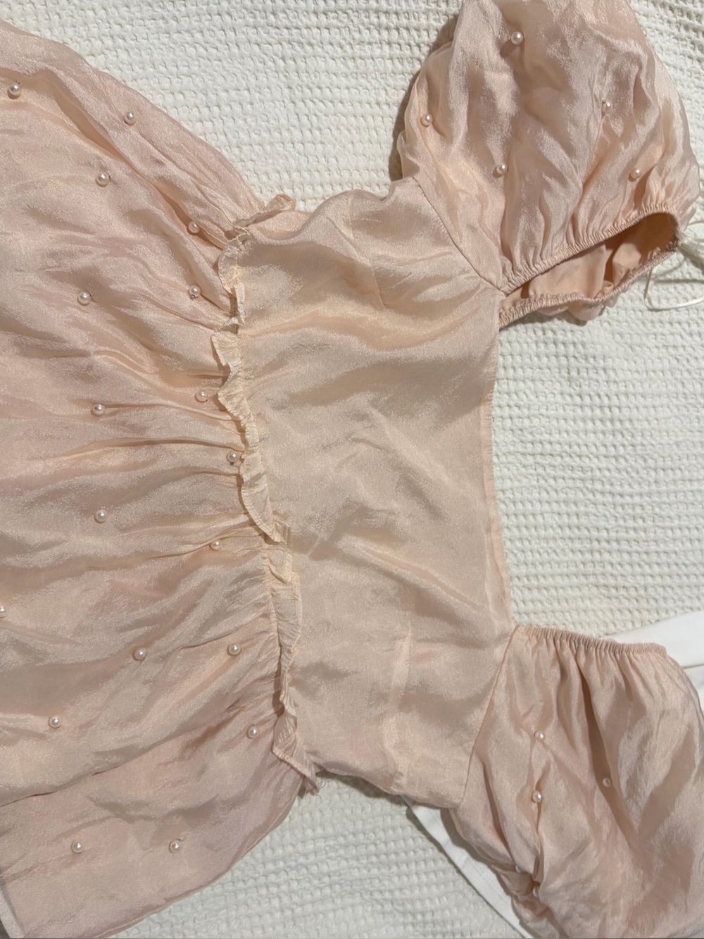 Lena Blush Pearl-Embellished Puff Sleeve Peplum Top - Picture 2 of 3